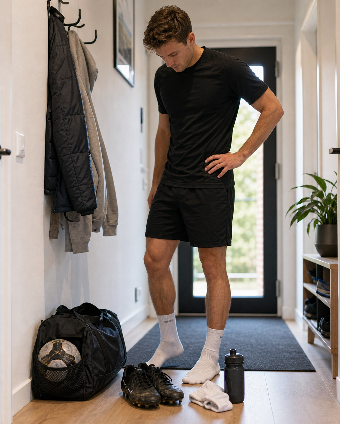 Erwachsener Sportler im Flur neben Fußballtasche, Schuhen und Trinkflasche.