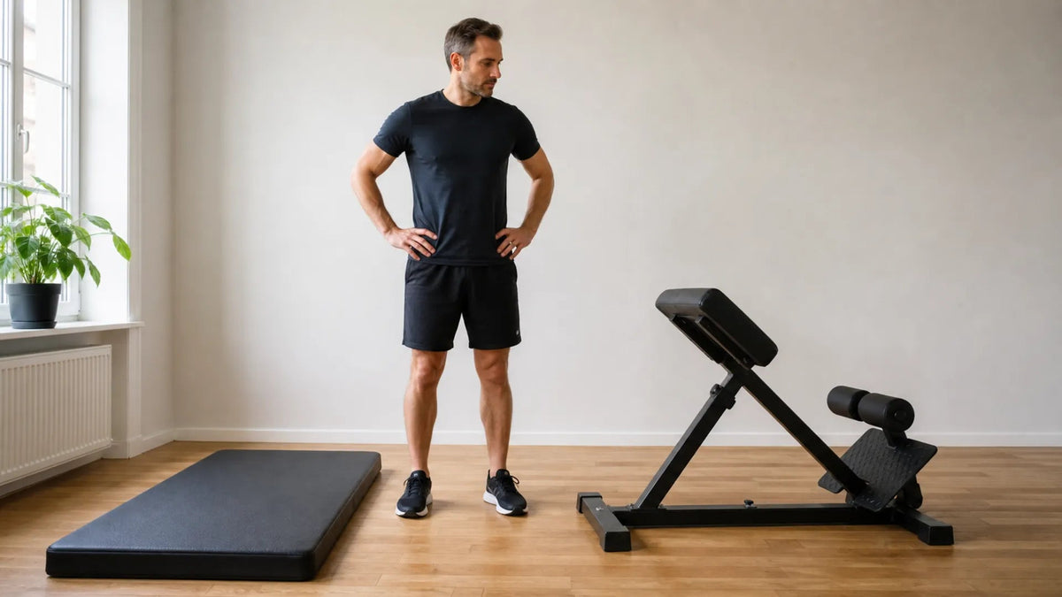 Athlete standing beside an angled back-extension bench and knee pad.