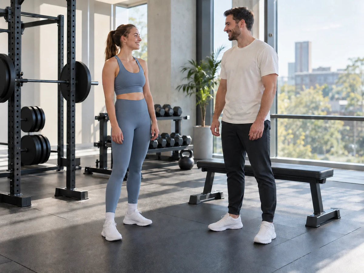 Zwei erwachsene Trainierende stehen neben einer Trainingsbank und unterhalten sich in einem hellen Fitnessstudio.