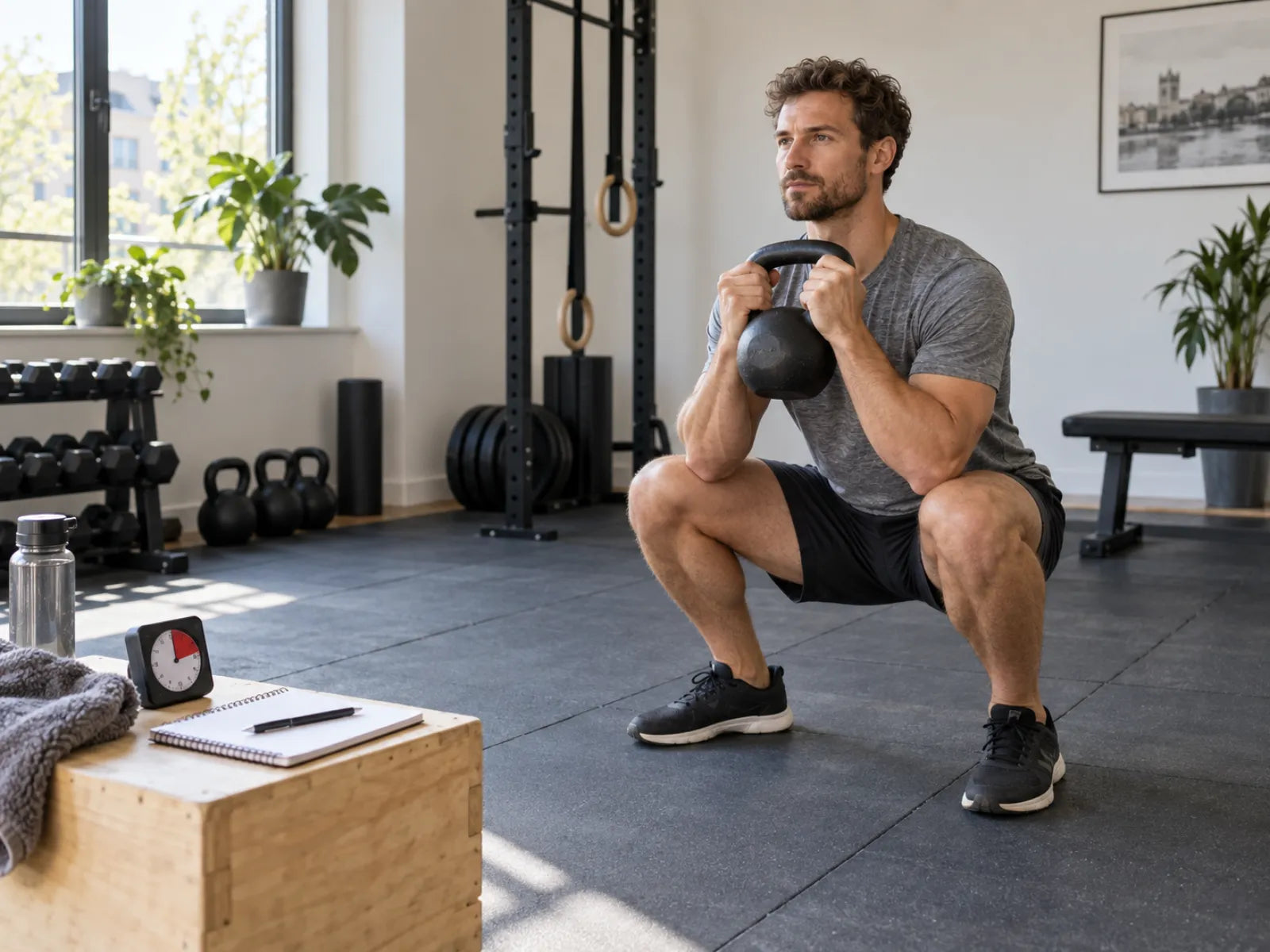 Ein Sportler hält beim Goblet Squat eine Kettlebell vor der Brust in einem hellen Trainingsraum.