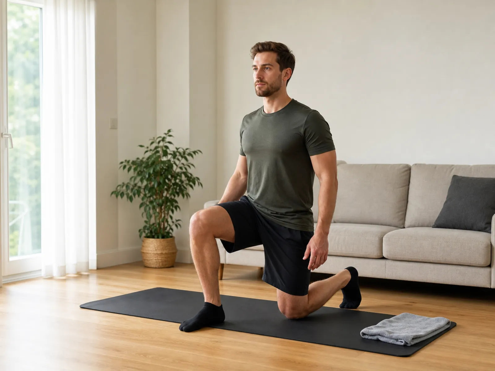 Adult man doing a reverse lunge at home for leg training without equipment.