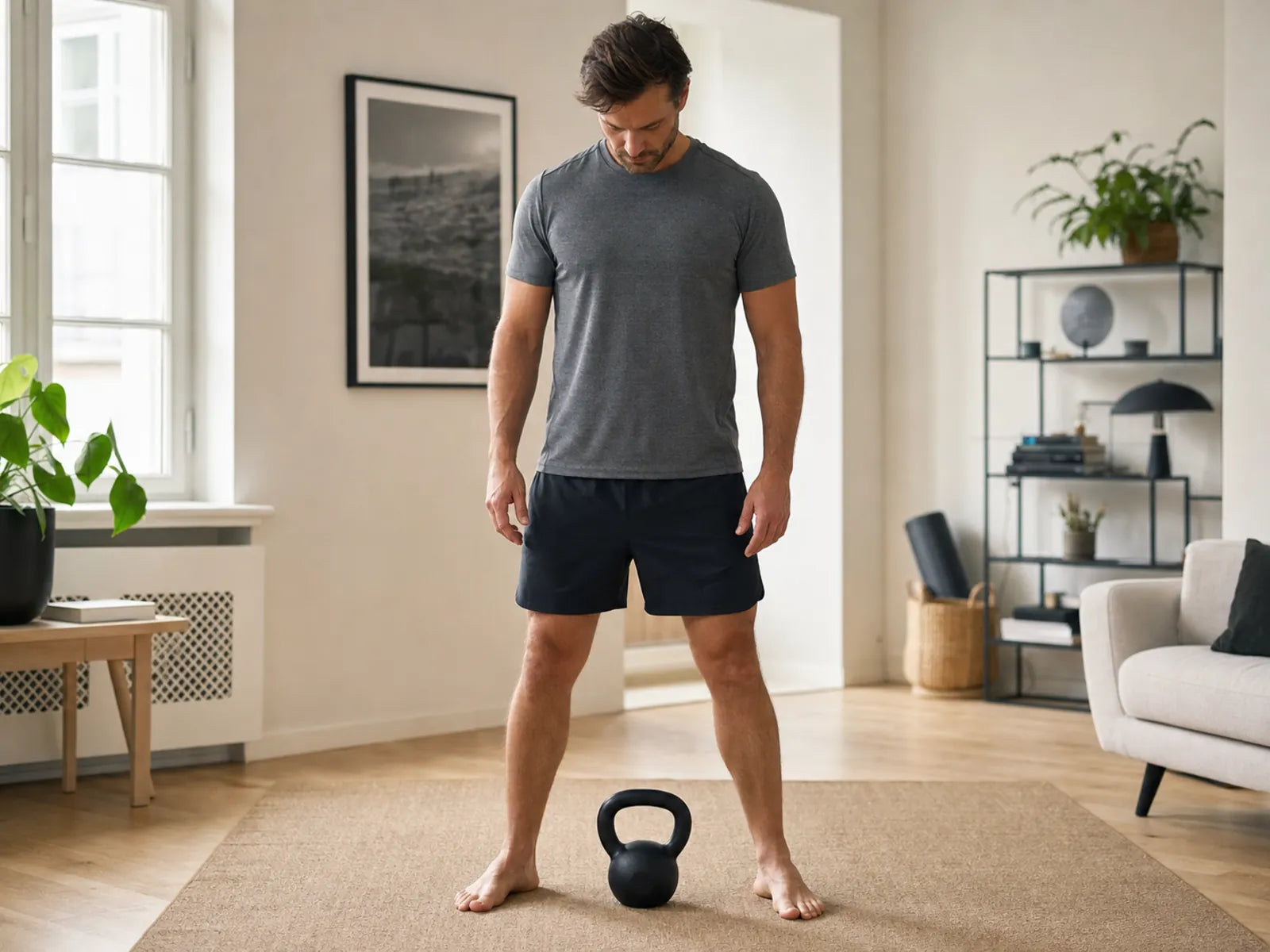 Adult man prepares a kettlebell deadlift for beginner deadlift technique.