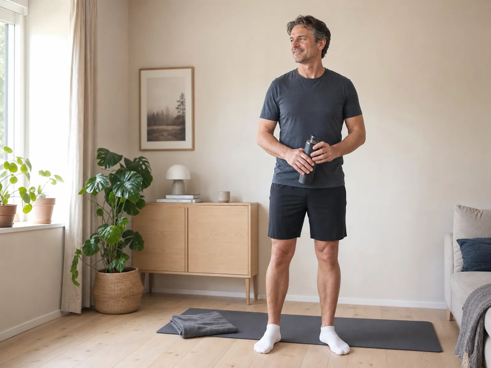 Adult man relaxes after a short hip-hinge practice session at home.