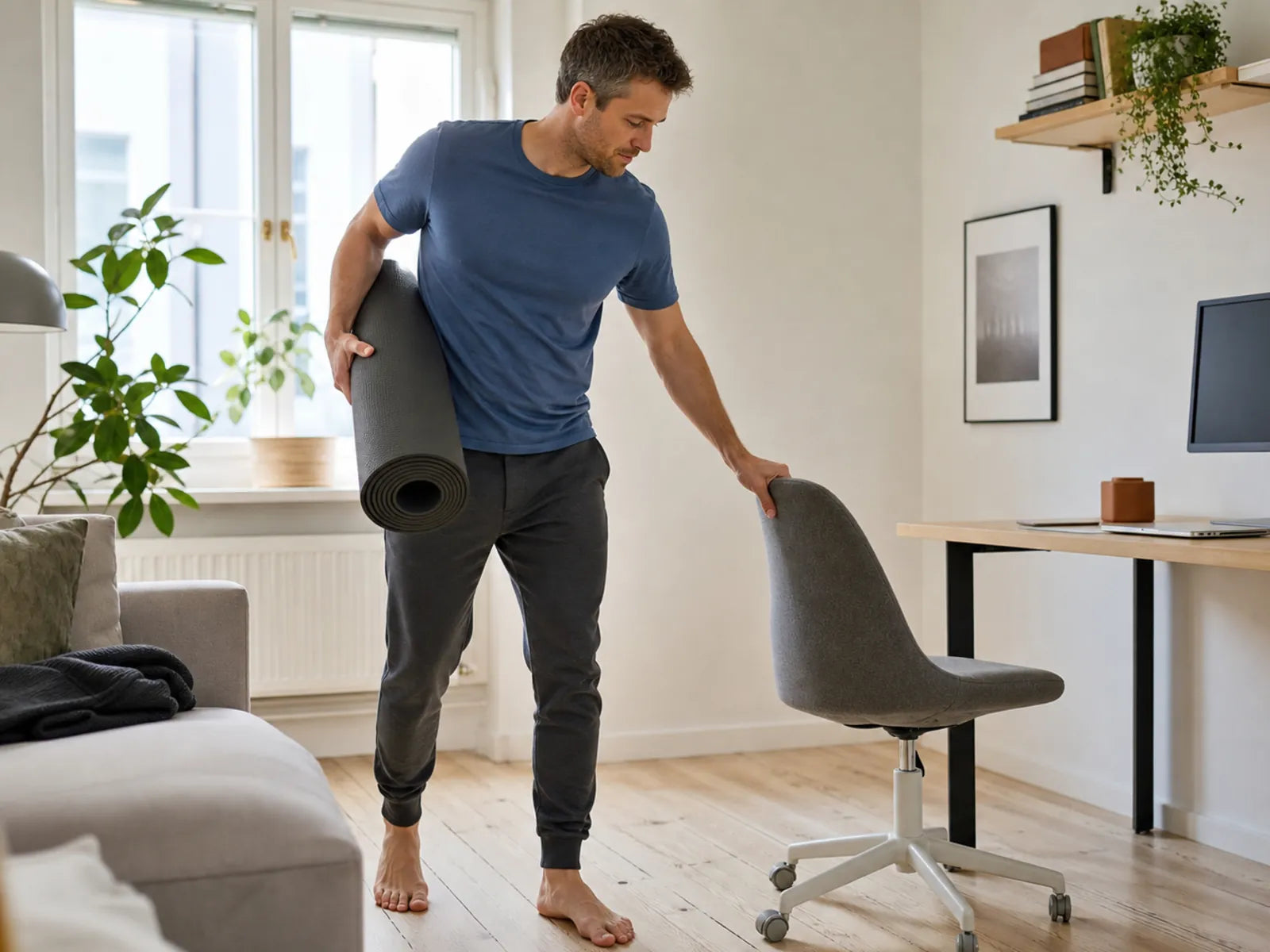 Erwachsener Mann schafft in einem Homeoffice Platz für ein Hamstring-Gerät zu Hause.