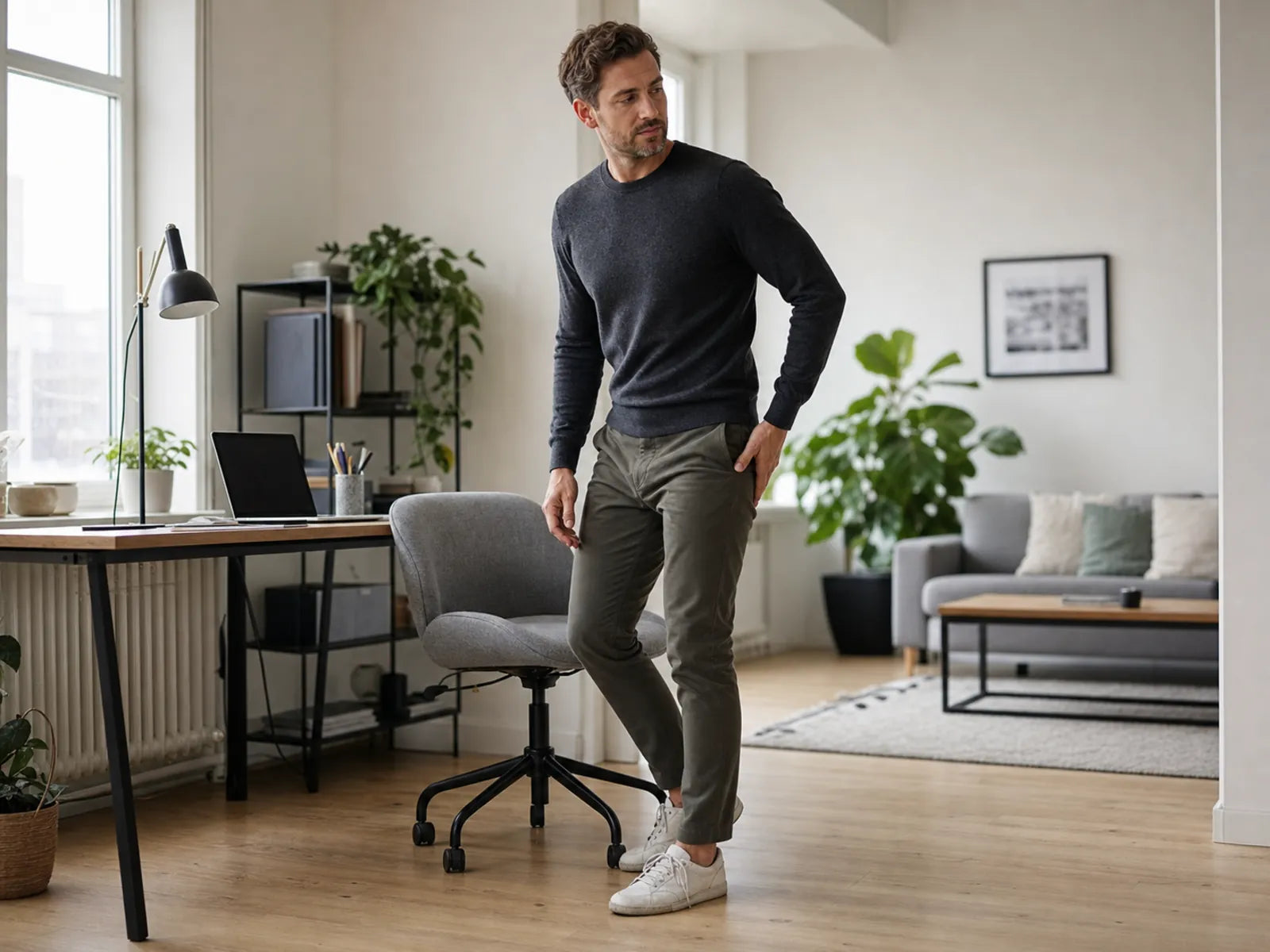 Un homme adulte se lève de son poste de travail pour commencer des exercices de chaîne postérieure.