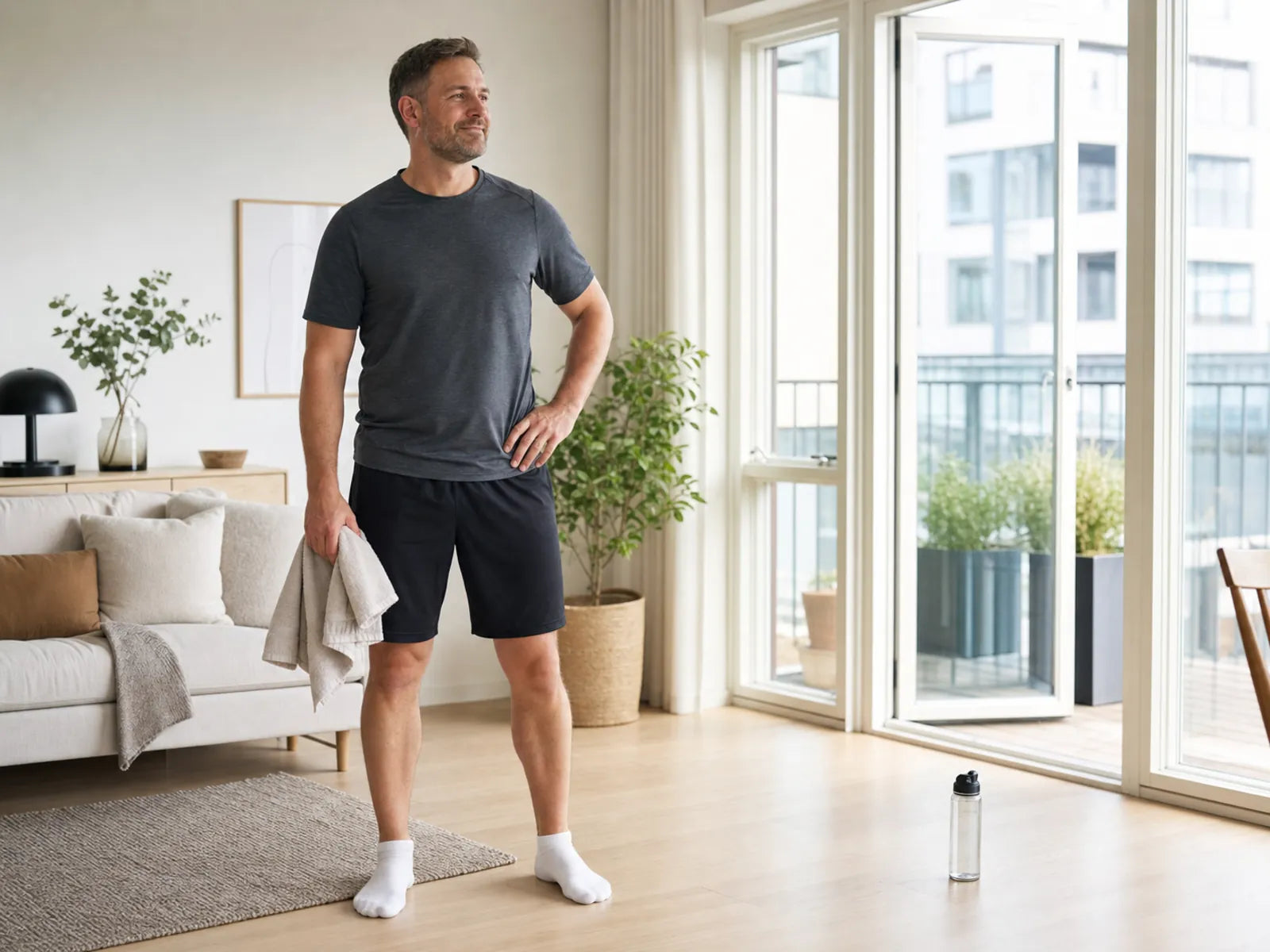 Un homme adulte se tient détendu après des exercices de chaîne postérieure à la maison.