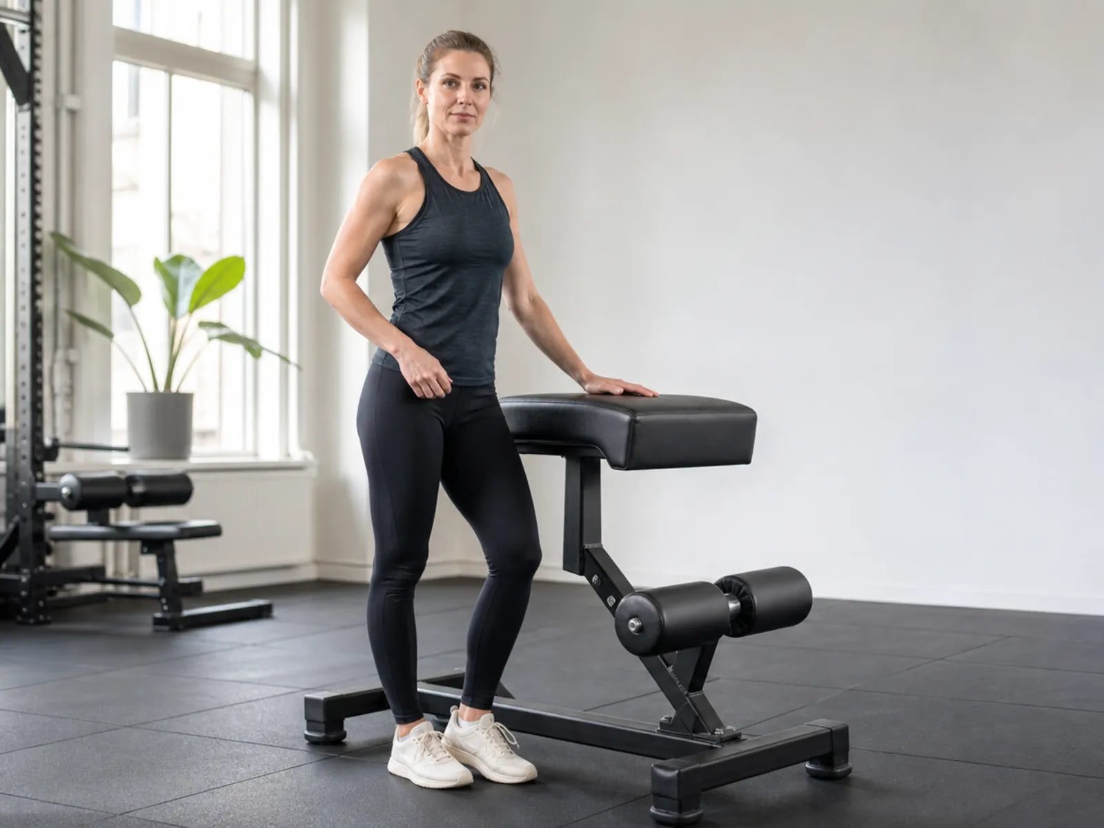 Eine erwachsene Frau kontrolliert die Stützbank für eine Reverse-Hyperextension-Hamstring-Übung.