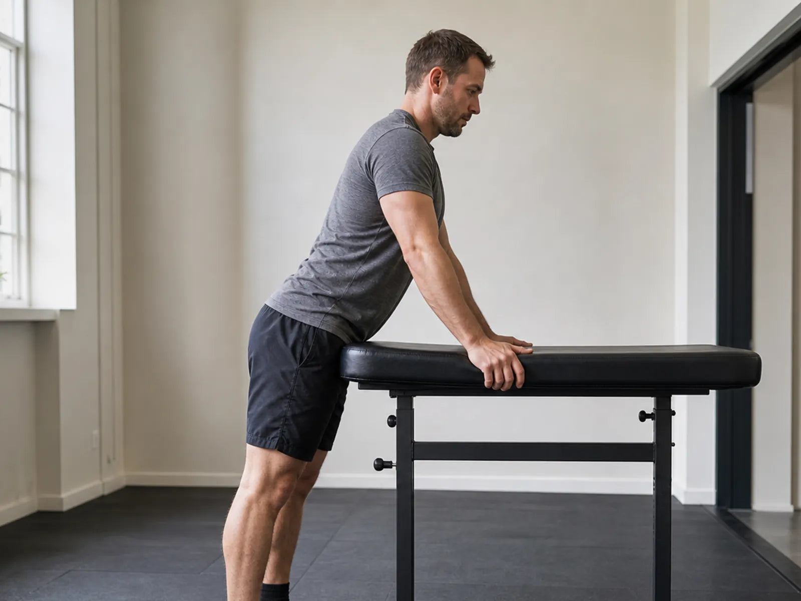 Ein erwachsener Mann kontrolliert im Fitnessstudio die Startposition für eine Reverse-Hyperextension-Hamstring-Übung.