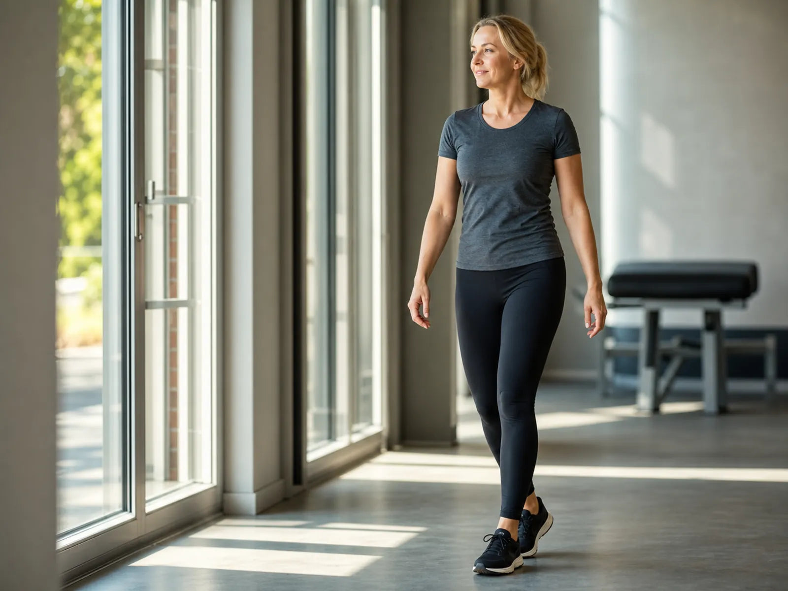 Eine erwachsene Frau geht nach dem Üben einer Reverse-Hyperextension-Hamstring-Übung ruhig weg.