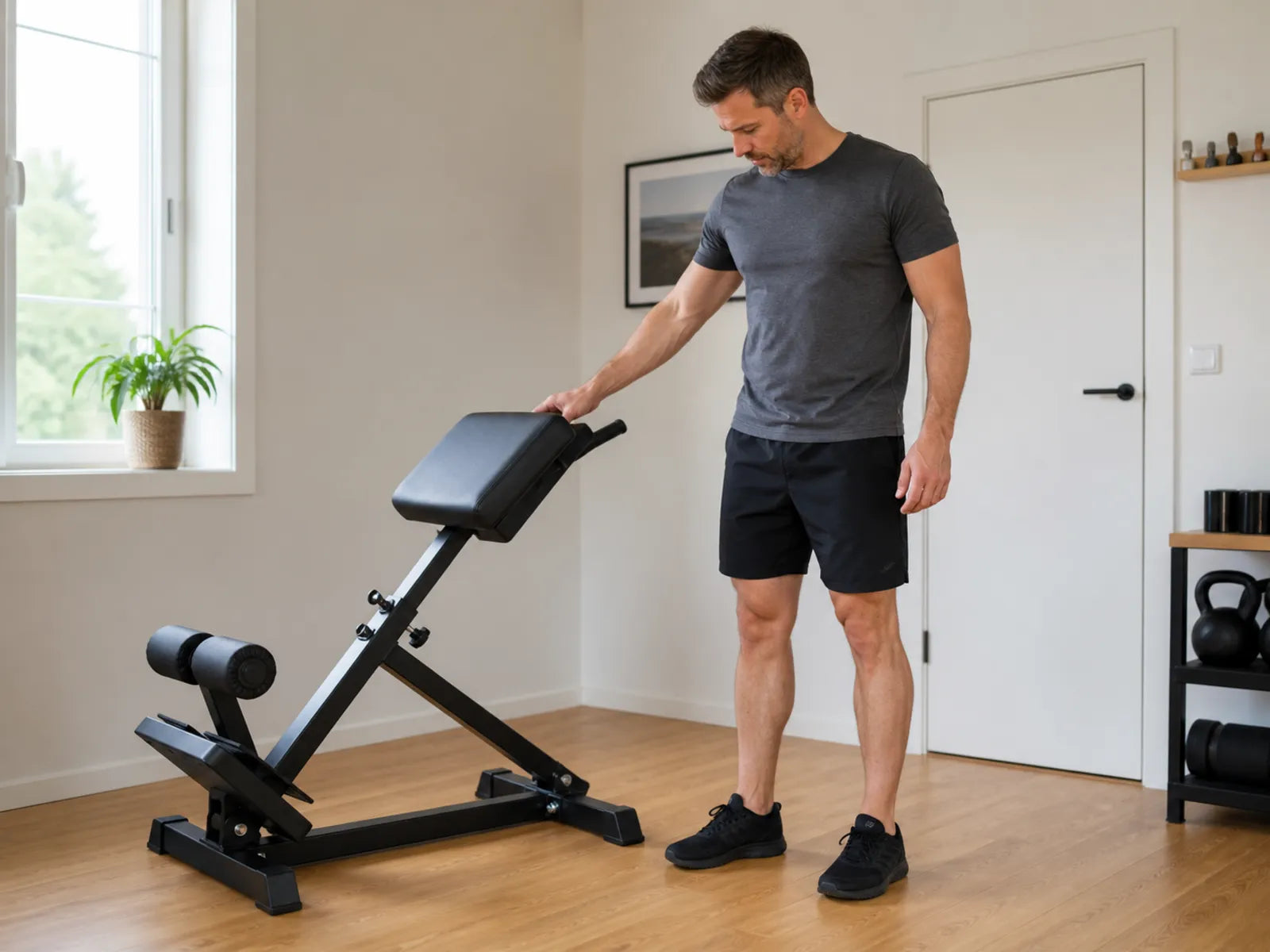 Ao comparar o Nordic curl com a extensão da anca a 45 graus para os isquiotibiais em casa, uma pessoa verifica calmamente a altura de um banco a 45 graus.