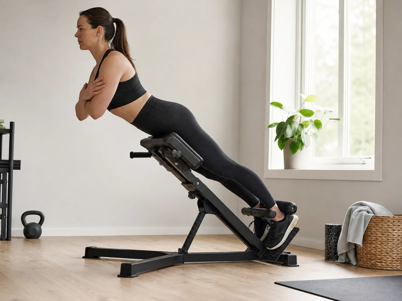 Athlete holding the body straight on an angled back-extension bench.