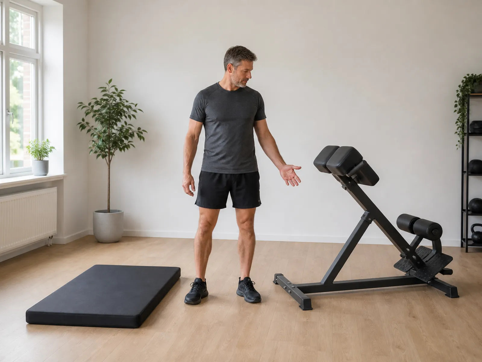 Ao comparar o Nordic curl com a extensão da anca a 45 graus para os isquiotibiais em casa, uma pessoa compara calmamente um tapete para os joelhos com um banco a 45 graus.