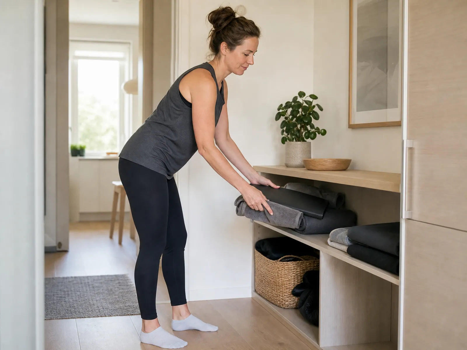 Vrouw bergt mat en trainingsmateriaal op in een kast.