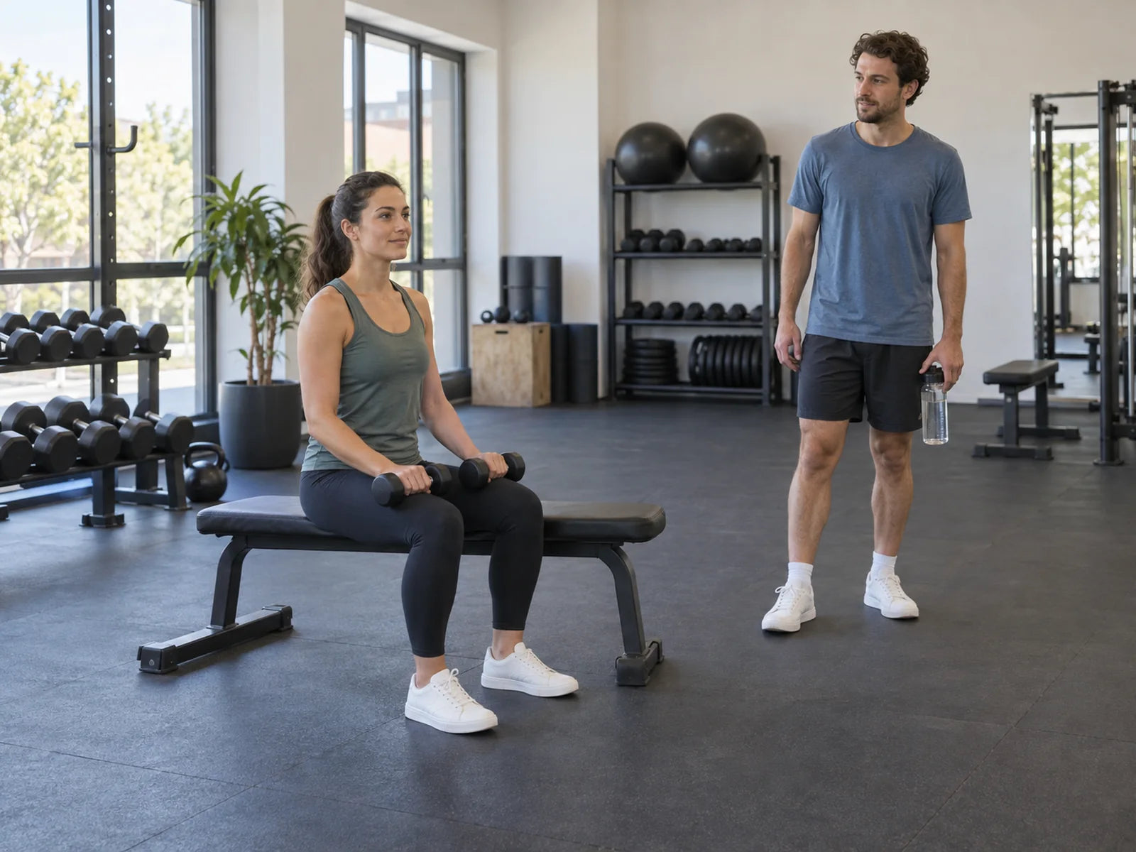 Zwei Sportler an einer Trainingsbank; die sitzende Sportlerin hat Kurzhanteln auf ihren Beinen.