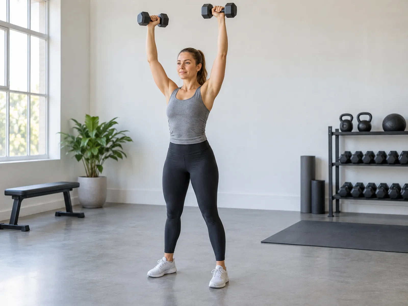 Eine Frau steht in einem Trainingsraum und hält zwei Kurzhanteln über dem Kopf.
