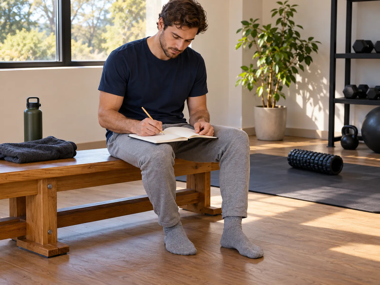 An athlete writes in a notebook on a wooden bench, with loose training equipment in the background.
