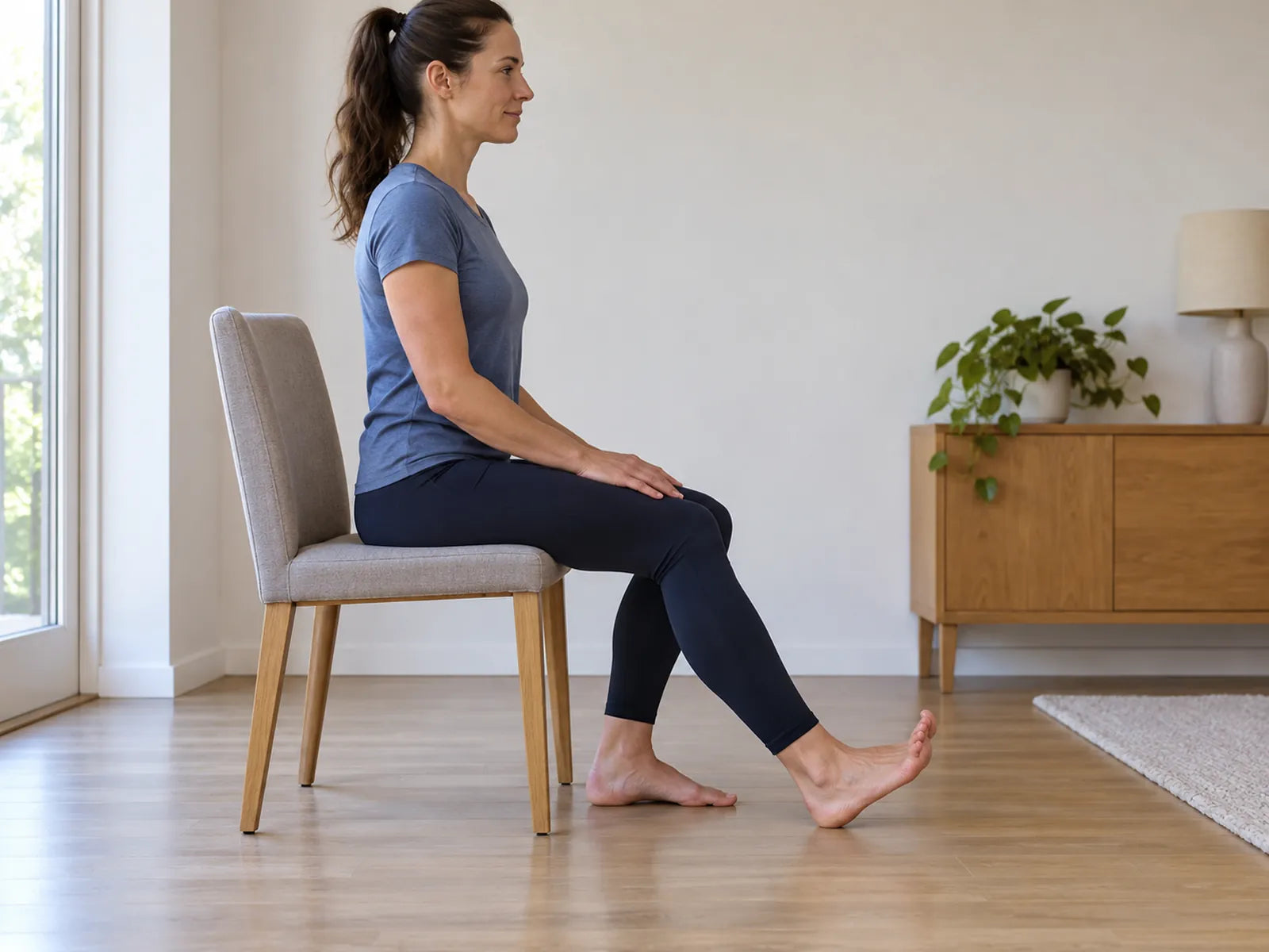 A woman sits on a chair with one heel forward on the floor.