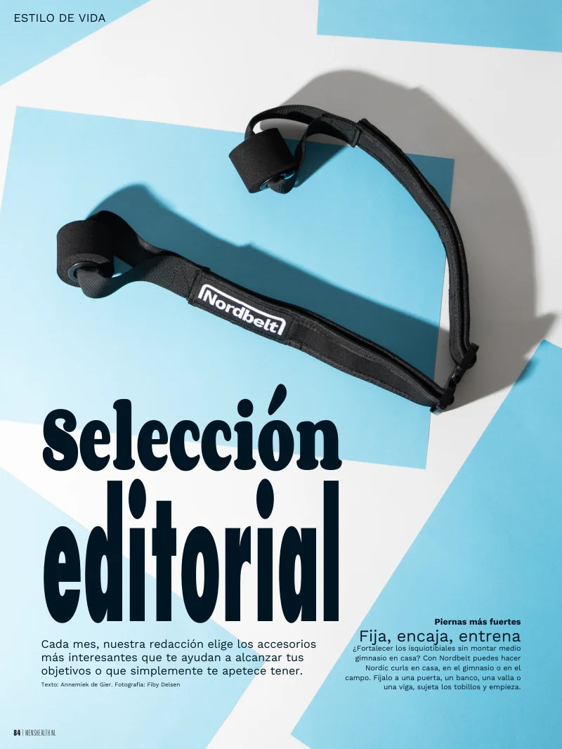 Traducción española de la página de Nordbelt en Men’s Health Países Bajos, página 84: Selección editorial, Fija, encaja, entrena.