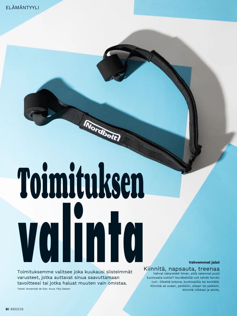 Suomenkielinen käännös Nordbelt-sivusta Men’s Healthin Alankomaiden painoksessa, sivu 84: Toimituksen valinta, Kiinnitä, napsauta, treenaa.