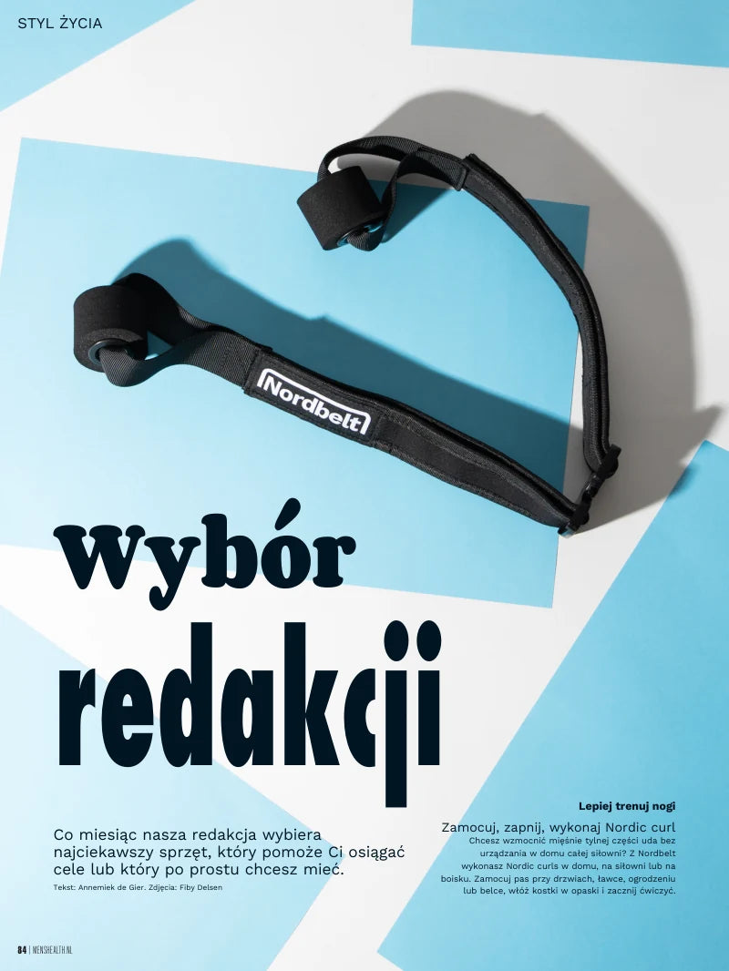 Polskie tłumaczenie strony 84 z holenderskiego Men’s Health: wybór redakcji, Nordbelt — zamocuj, zapnij, ćwicz.
