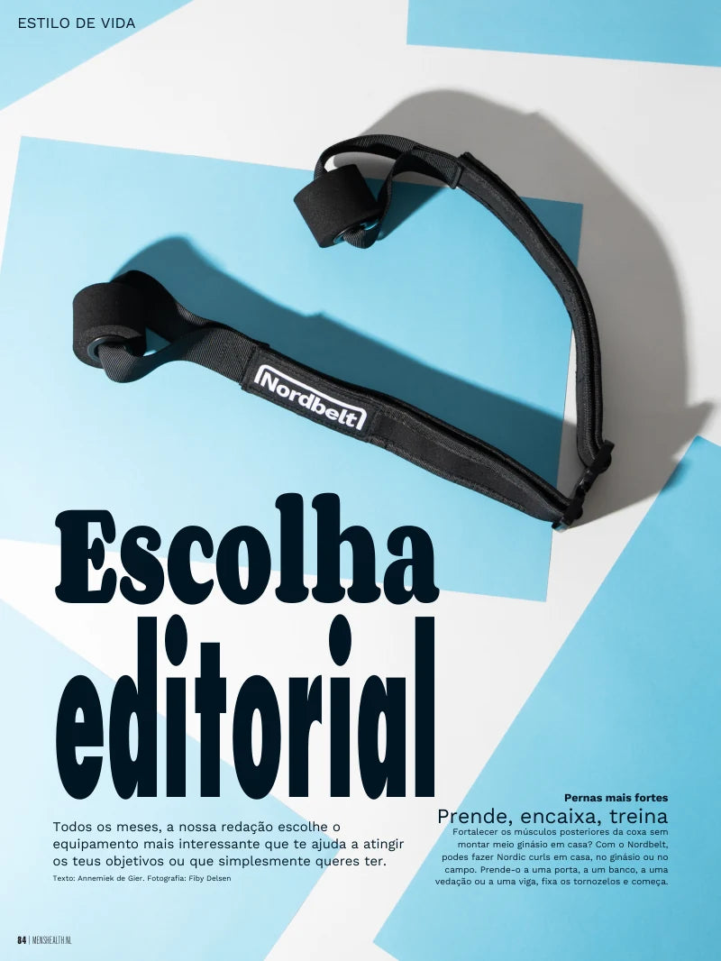 Tradução portuguesa da página do Nordbelt na edição neerlandesa da Men’s Health, página 84: Escolha editorial, Prende, encaixa, treina.