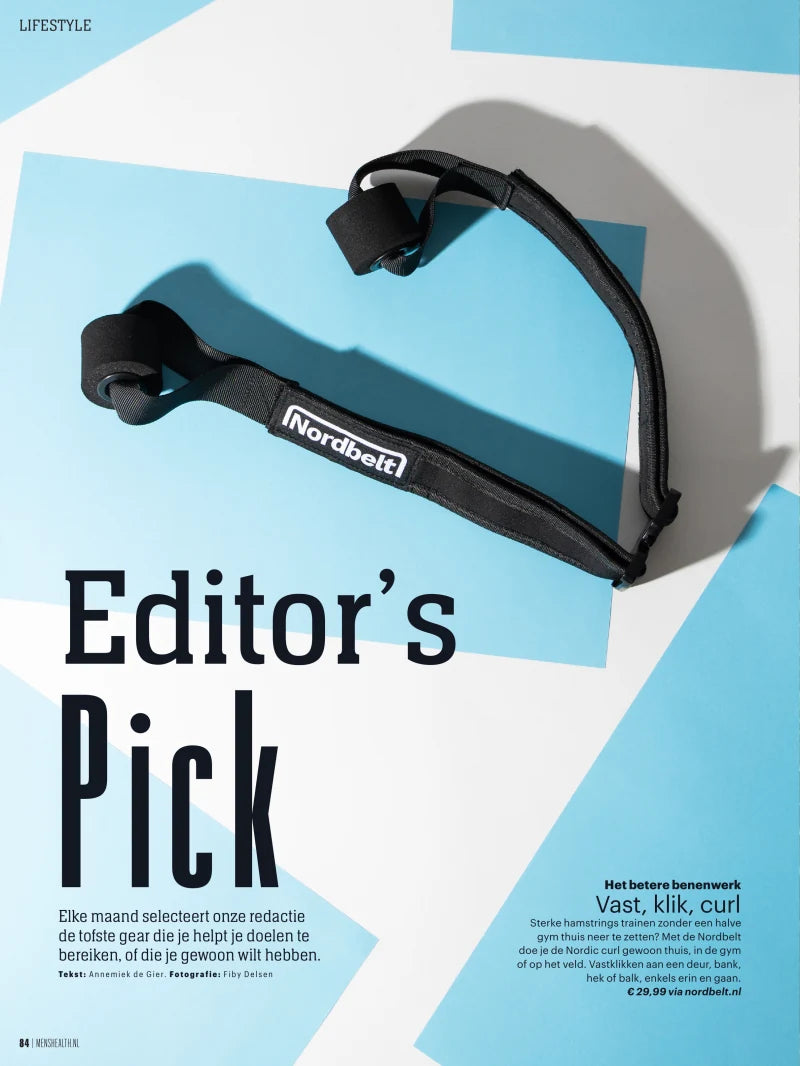 De volledige Nordbelt-pagina in Men’s Health, pagina 84: Editor’s Pick, Vast, klik, curl.