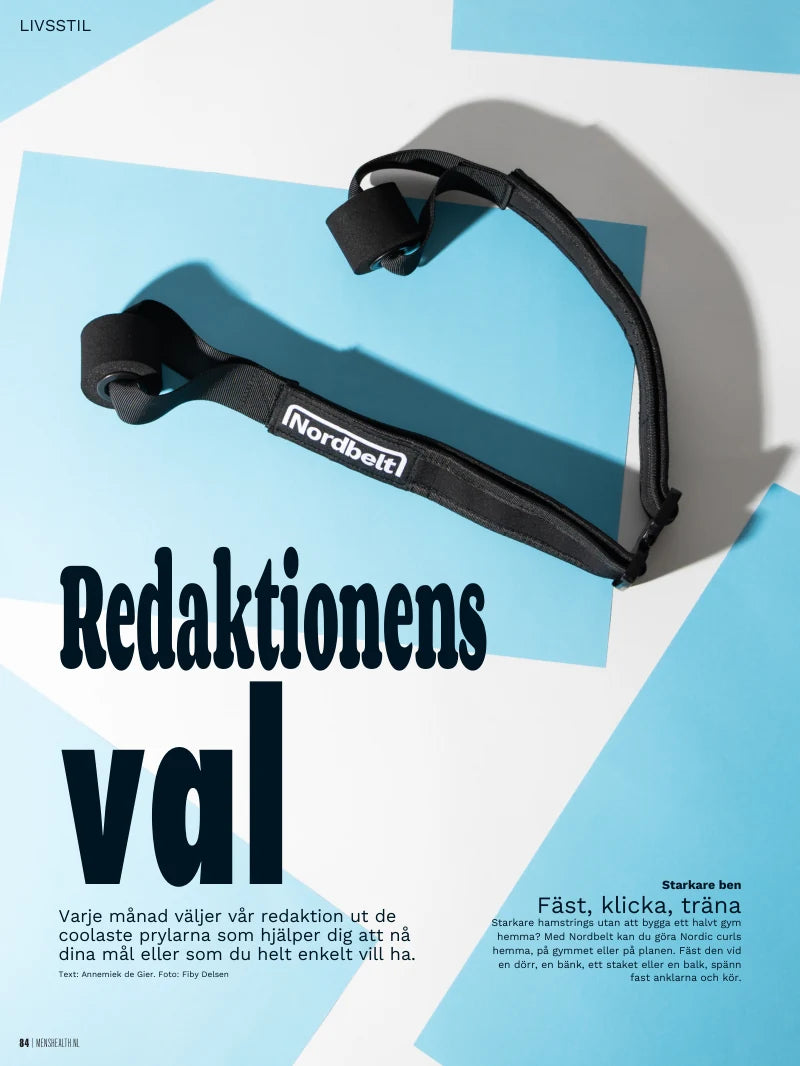 Svensk översättning av Nordbelt-sidan i Men’s Health Nederländerna, sidan 84: Redaktionens val, Fäst, klicka, träna.
