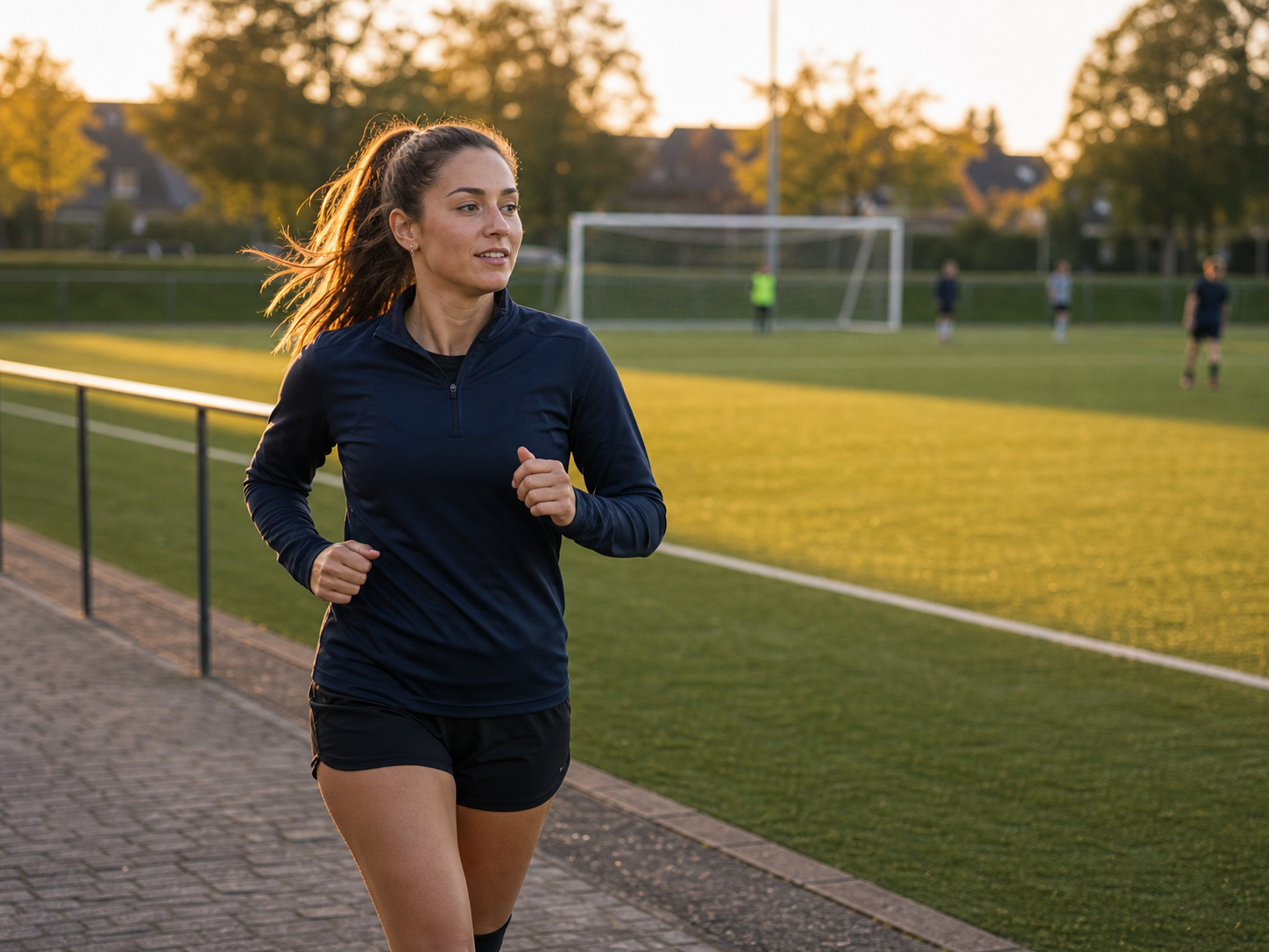 Jongvolwassen vrouw doet een warming-up jog naast een lokaal voetbalveld.