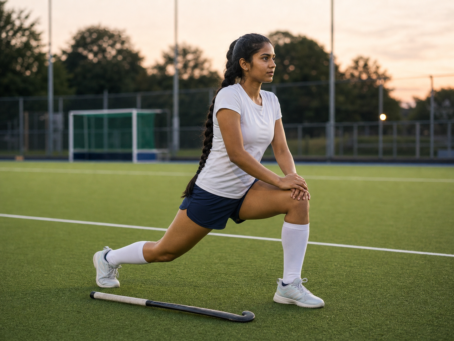 Field hockey player performs a dynamic lunge warm-up on artificial turf.