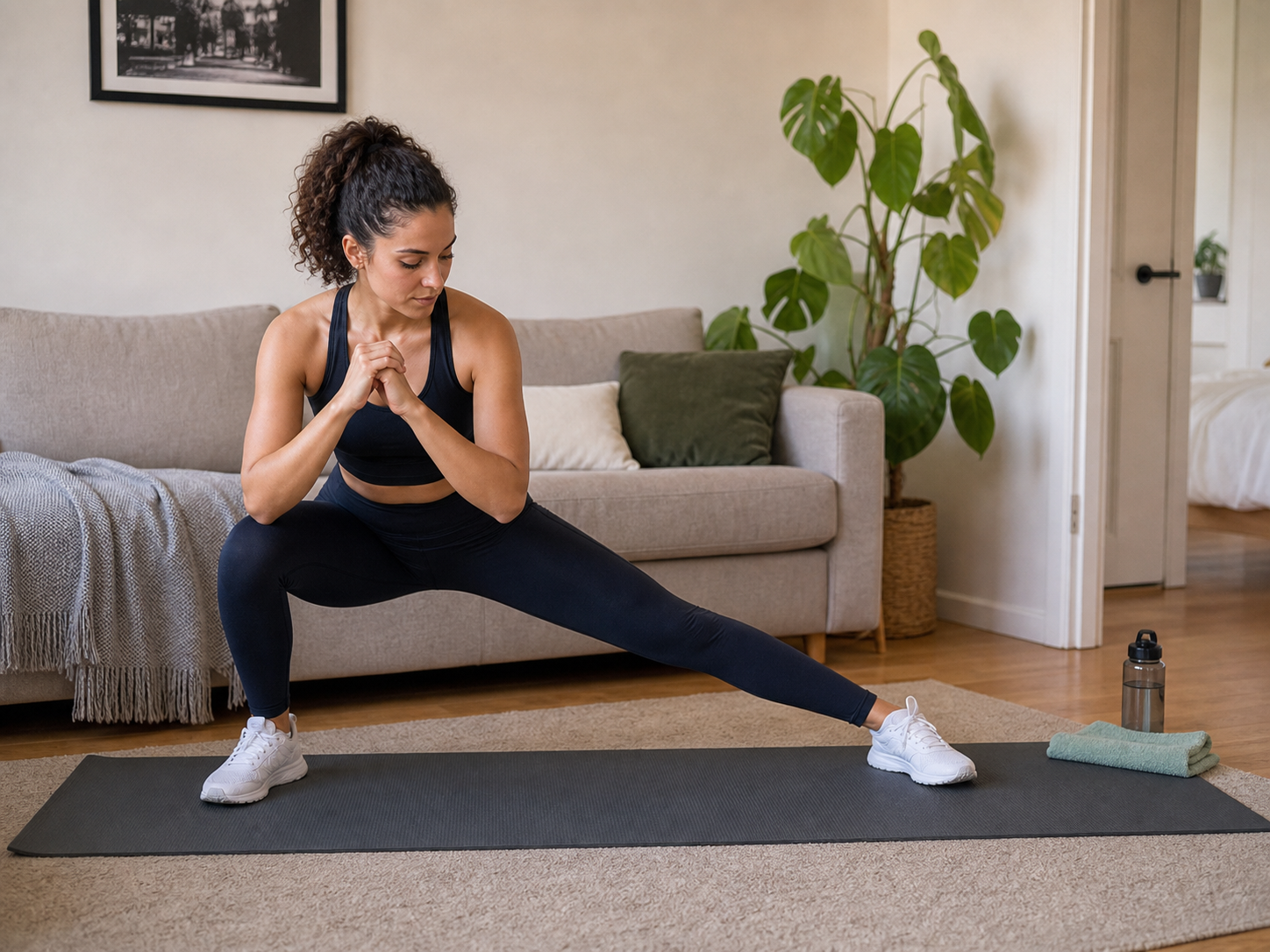 Jongvolwassen vrouw doet thuis een gecontroleerde lateral lunge op een sportmat.
