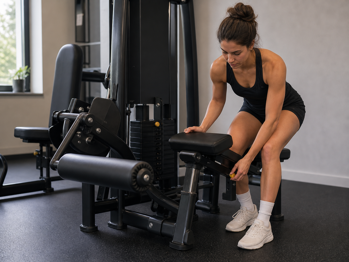 Nainen saataa kevytta leg curl -laitetta ennen takareisiharjoittelua.