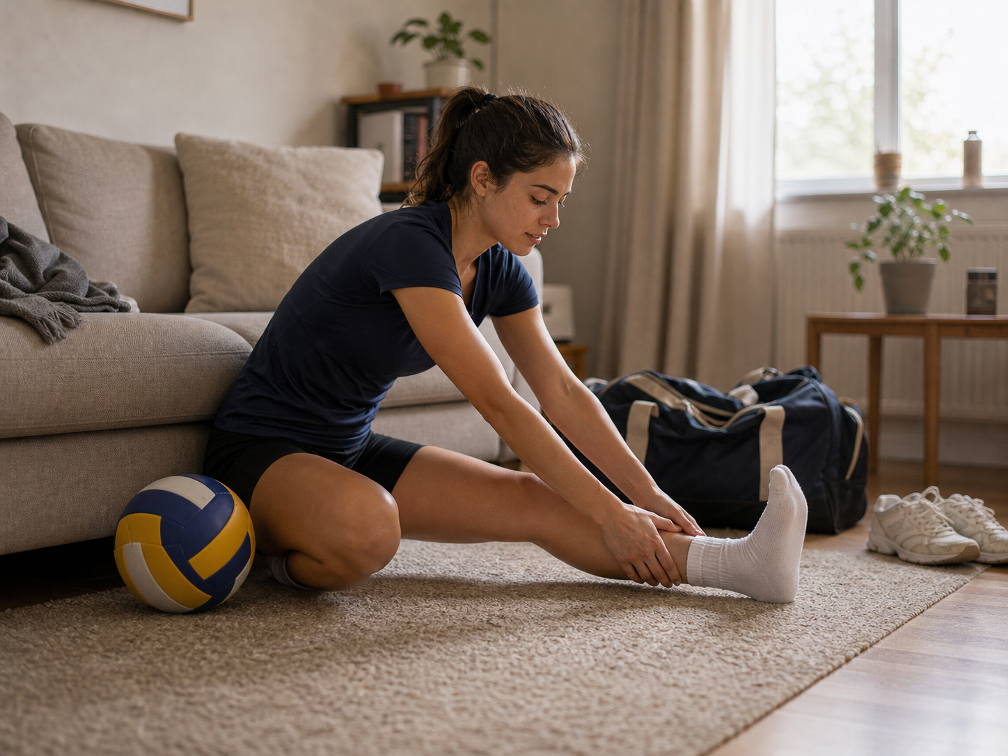 Young volleyball player stretching her hamstring on the floor after training.