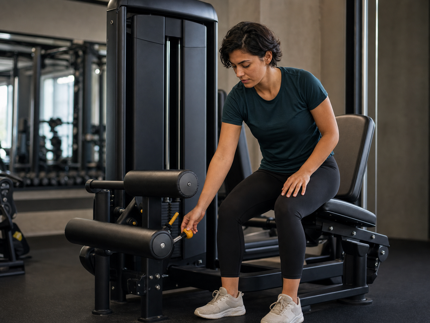 Jongvolwassen vrouw stelt een leg curl machine in voor lichte hamstringtraining in de gym.
